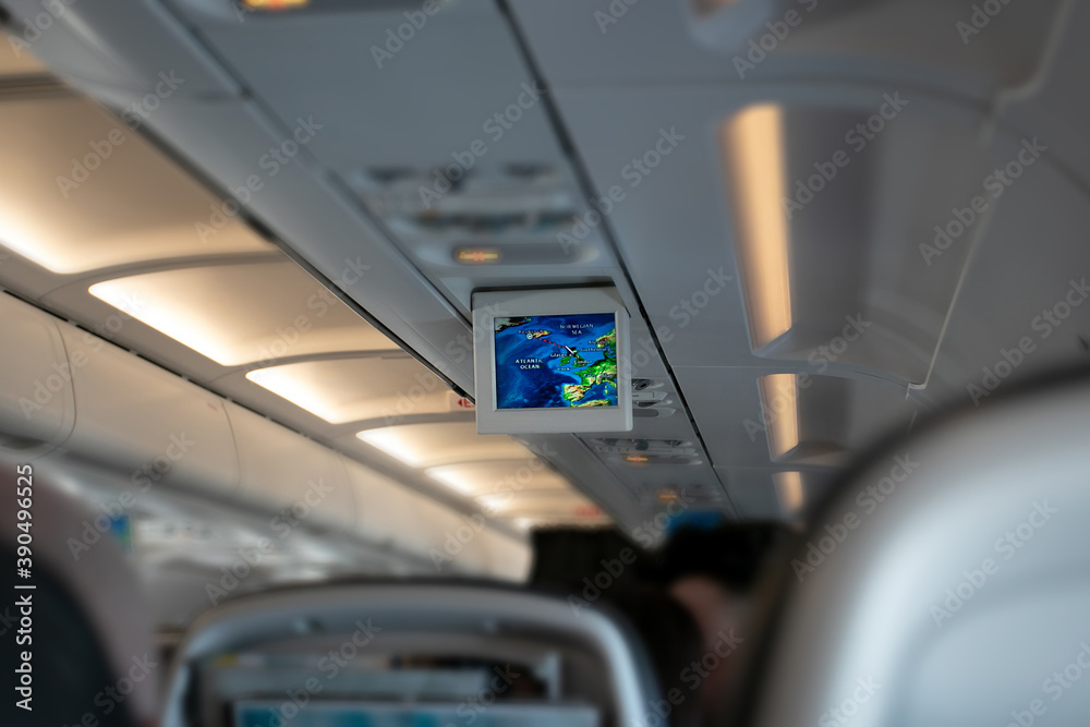 In the airplane. view of the Europe map on the plane screen. Travel and tourism concept