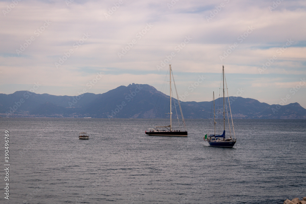 Mount Vesuvius and sea yachts, Napoli bay , Italy