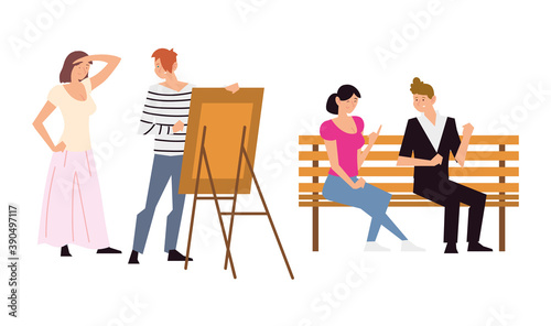 people making different acitivity outdoor, include painting and talking photo