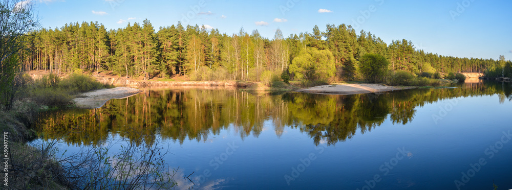 Spring panorama of the protected forest river. Spring panorama of the protected forest river.