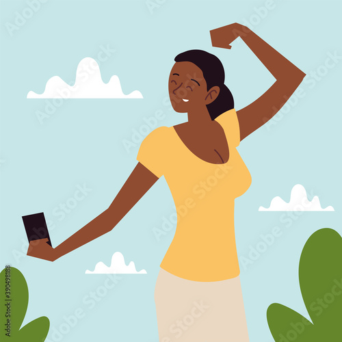 happy woman with smartphone taking selfie