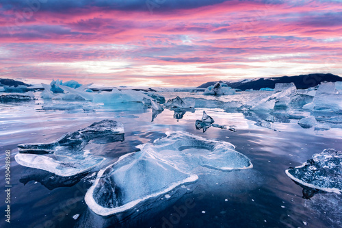 Icebergs in Jokulsarlon glacial lagoon. Vatnajokull National Park, southeast Iceland, Europe. Landscape photography