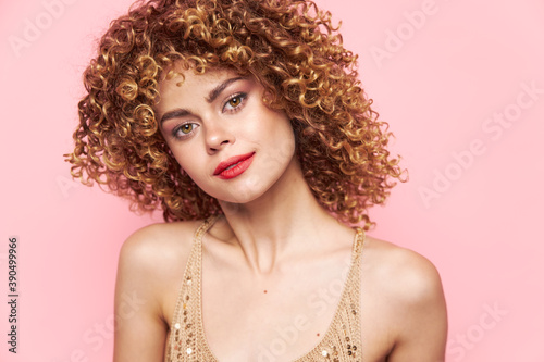 Pretty woman curly hair Red lips attractive look model 