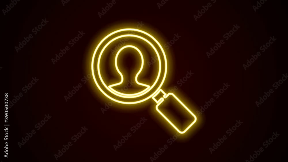 Glowing neon line Magnifying glass for search a people icon isolated on black background. Recruitment or selection. Search for employees and job. 4K Video motion graphic animation Glowing neon line Magnifying glass for search a people icon isolated on black background. Recruitment or selection. Search for employees and job. 4K Video motion graphic animation