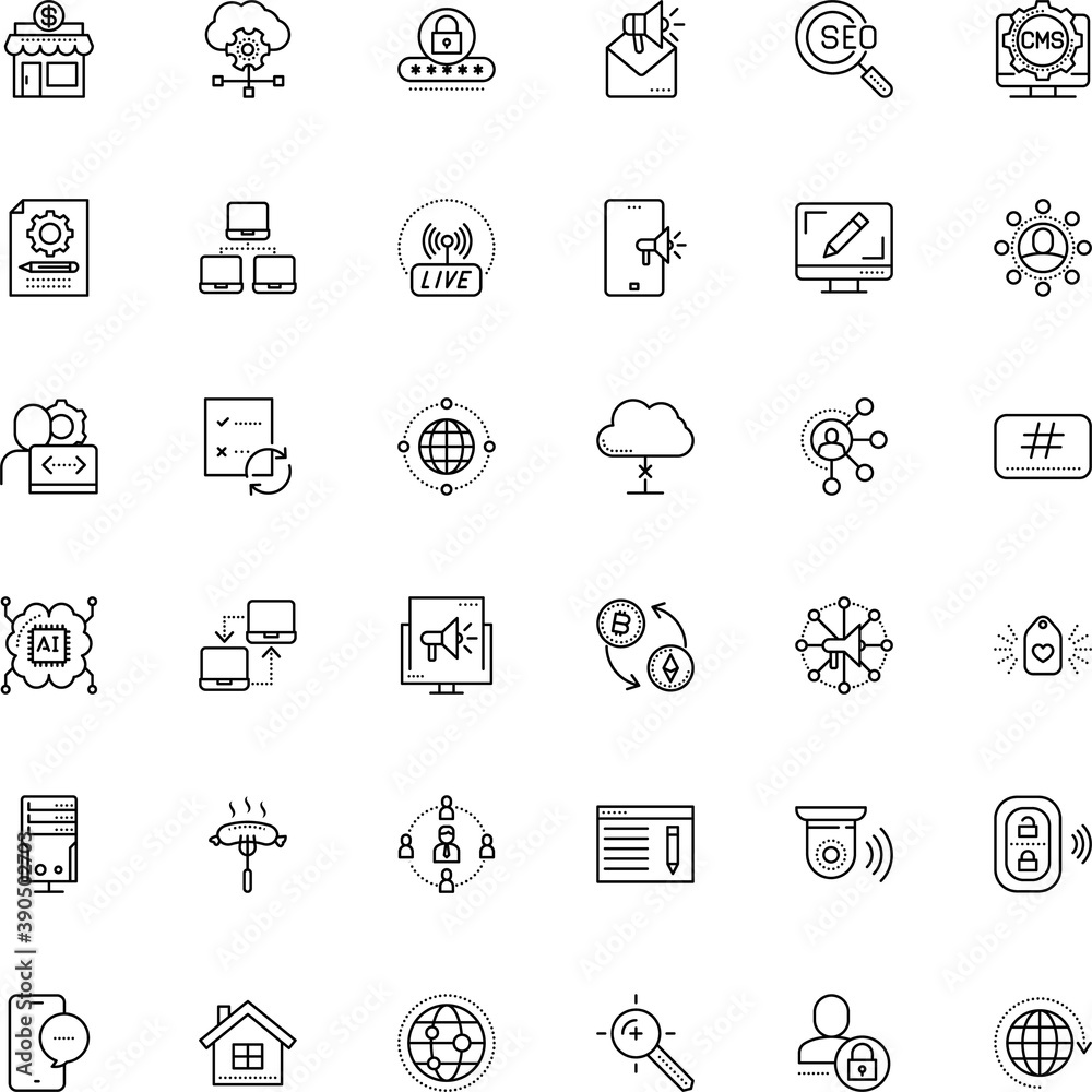 Fototapeta premium internet vector icon set such as: exterior, bitcoin, close, campaign, post, job, cell, cog, team, banking, gear, emblem, affiliate marketing, cash, equipment, supermarket, sausage, crypto-exchange