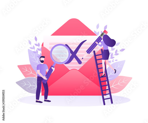 Banner for concept design. Check mark icon vector design. Flat vector character illustration. Red rejected envelope on white background.