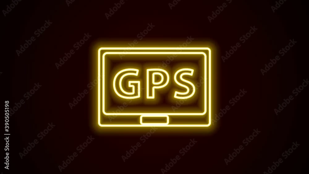 Glowing neon line Gps device with map icon isolated on black background. 4K Video motion graphic animation