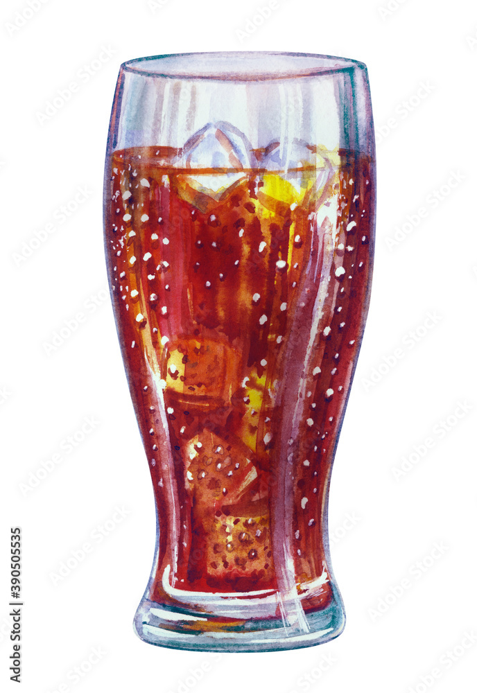 Glass with cola and ice, watercolor illustration on a white background, isolated. Drawing of a drink, illustration for the menu, print for various designs. - obrazy, fototapety, plakaty 