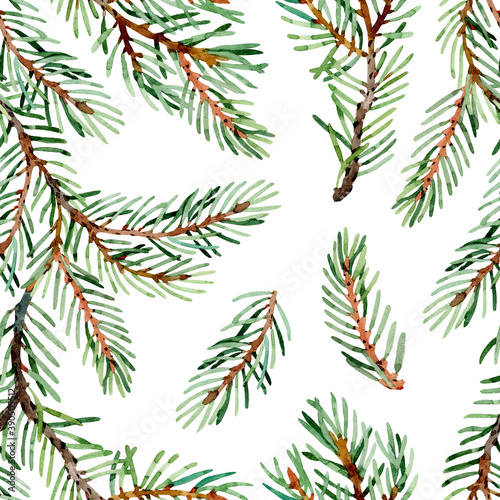 Seamless pattern with watercolor hand drawn pine branches for Christmas gift wrapping, wallpaper and fabric