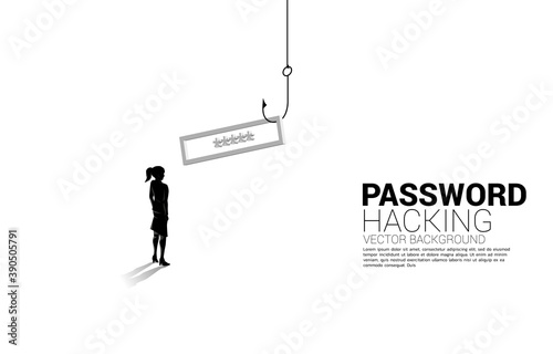Silhouette of businesswoman standing with fishing hook with password. Concept of click bait and digital phishing.