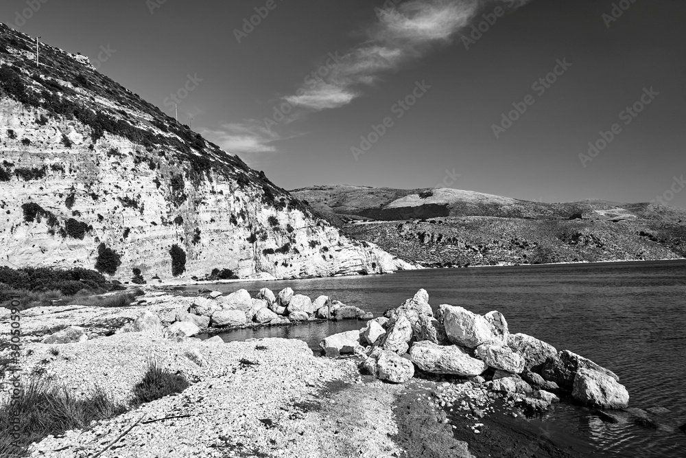 Rocky cliff and boulders in Paliki Bay on the island of Kefalonia