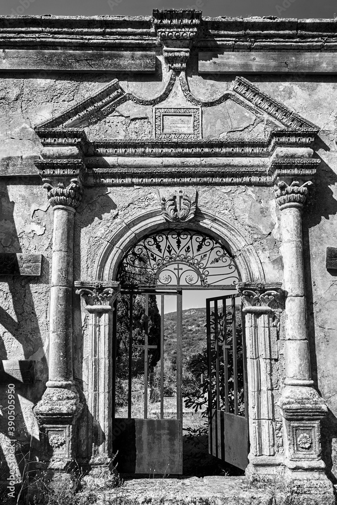 Gate of the destroyed Orthodox church of Agios Spyridon on the island of Kefalonia