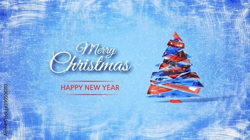 Merry Christmas and Happy New Year with stylized Christmas tree on blue frozen background. Abstract Christmas concept 3d render animation. 