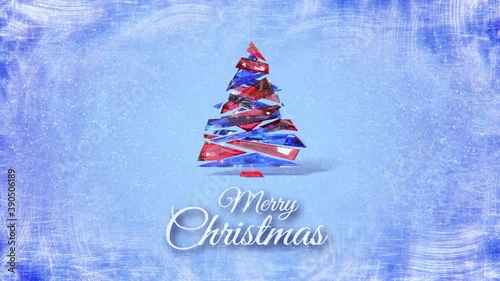 Merry Christmas with stylized Christmas tree on blue frozen background. Abstract Christmas concept animation. 