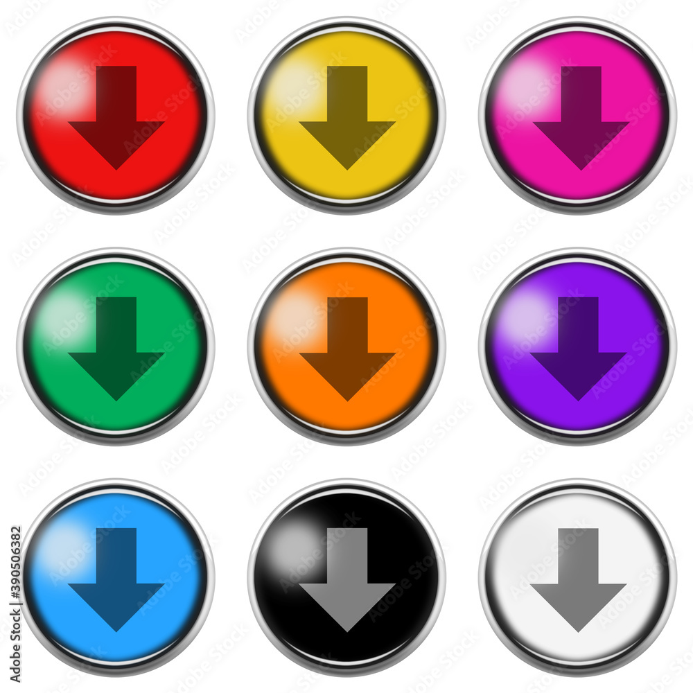 Down arrow sign button icon set isolated on white with clipping path 3d illustration Down arrow sign button icon set isolated on white with clipping path 3d illustration