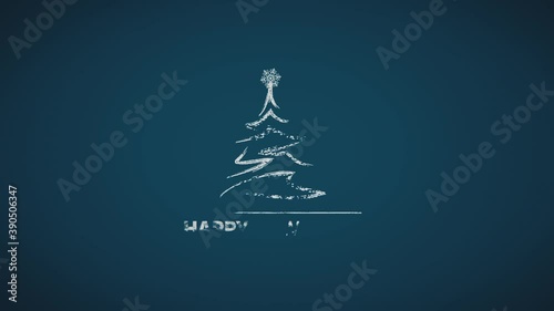 Happy New Year. Stylized text flat animation and snow with Christmas tree on dark blue background.