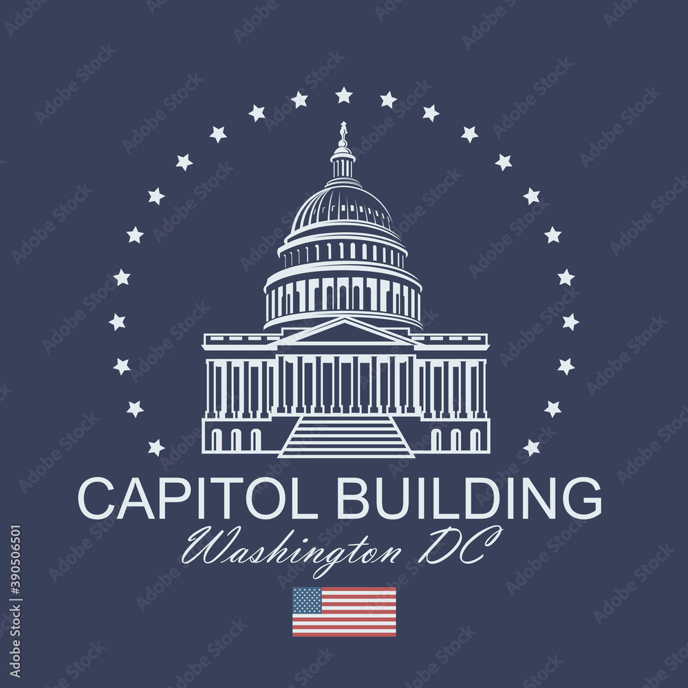 United States Capitol building icon in Washington DC isolated on blue backgrpound