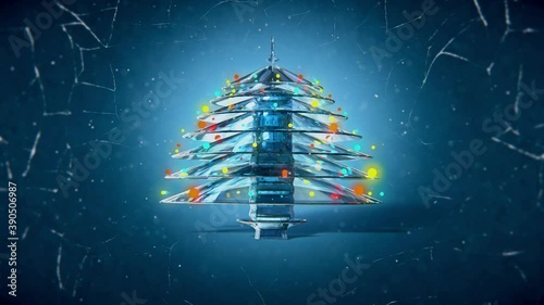Stylized glass Christmas tree with falling snow on blue background. Abstract Christmas concept render animation. 