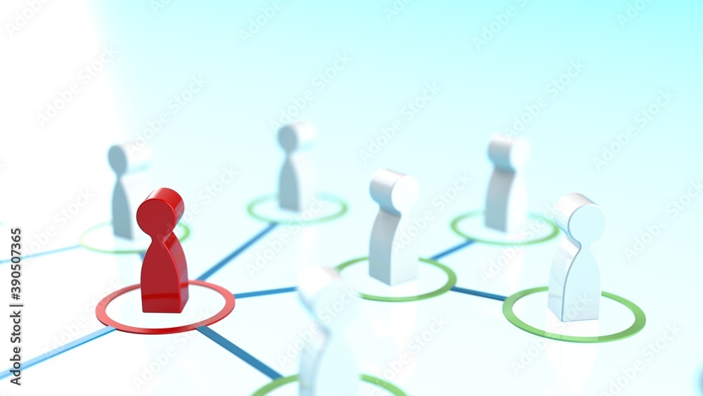 Chain of human figurines connected by green lines. Cooperation and interaction between people and employees. Dissemination of information in society, rumors. Social contacts. 3D illustration CG.