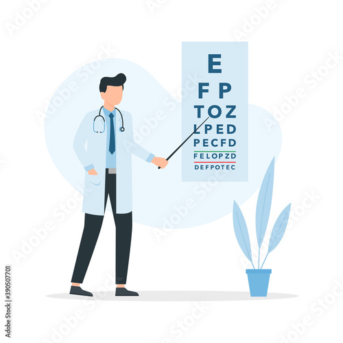 Ophthalmologist doctor near eye chart. Vector flat design illustration.