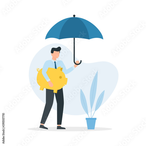 Man with umbrella protecting his piggy bank. Concept of protection and saving money.