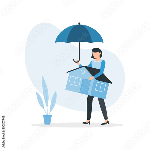 Woman holds umbrella protects his home from crisis, financial problem.