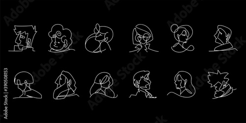 people faces profile icons black background continuous line style