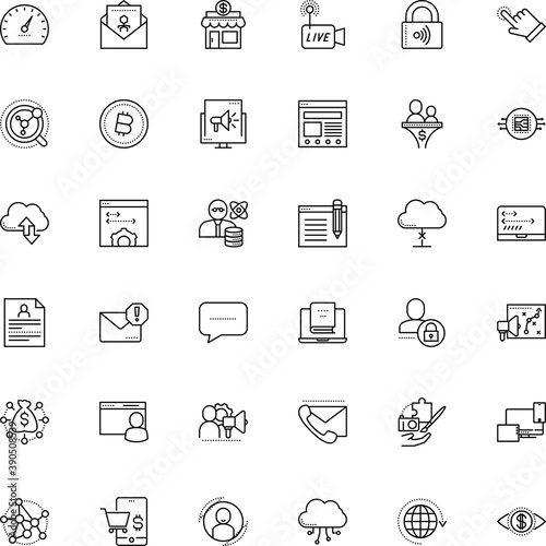 internet vector icon set such as: talk, geography, earth, eye, dollar, junk, decline, note, visitor, panel, stream, transfer, camera, earning, bubble, logistics, usability, cancel, light, frontend