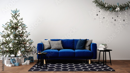 christmas tree next to sofa, christmas decorated living room concept, 3D background illustration