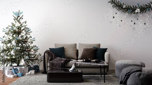 christmas tree next to sofa and poufs, christmas decorated living room concept, 3D background illustration