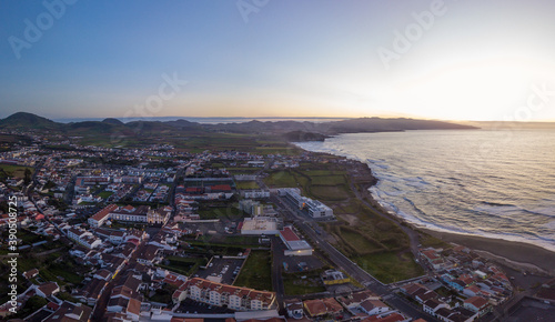 Panoramic view over the "Ribeira Grande" City and the Atlantic ocean on sunrise time. "Ribeira Grande" North Coast City of The Island of São Migue. Azores. Portugal.