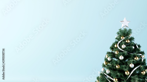 decorated christmas tree on light blue background, 3D illustration concept
