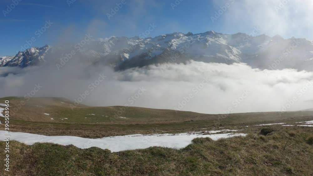 Snow and mountain peaks in the french Pyrenees near the Luchon Superbagnères Ski Resort in the Arrondissement of Saint-Gaudens, Occitania, Haute-Garonne, France. The Luchonnais Mountains aerial view. Snow and mountain peaks in the french Pyrenees near the Luchon Superbagnères Ski Resort in the Arrondissement of Saint-Gaudens, Occitania, Haute-Garonne, France. The Luchonnais Mountains aerial view.