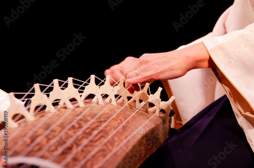 Older woman playing Japanese koto