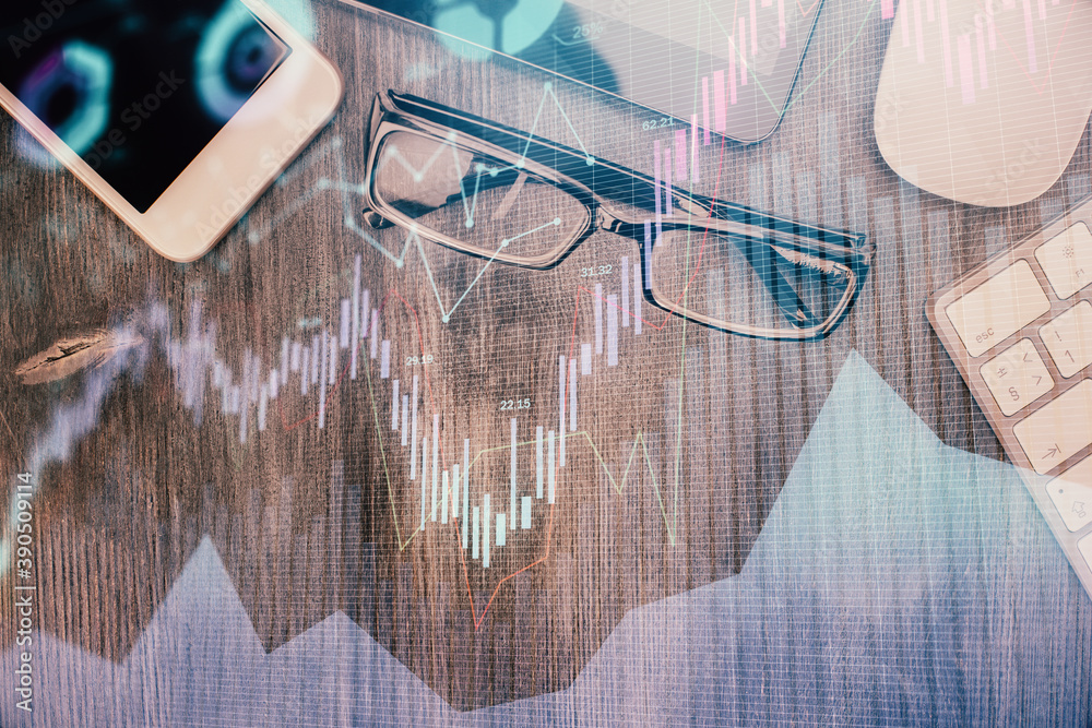 Multi exposure of forex graph hologram over desktop with phone. Top view. Mobile trade platform concept. Multi exposure of forex graph hologram over desktop with phone. Top view. Mobile trade platform concept.