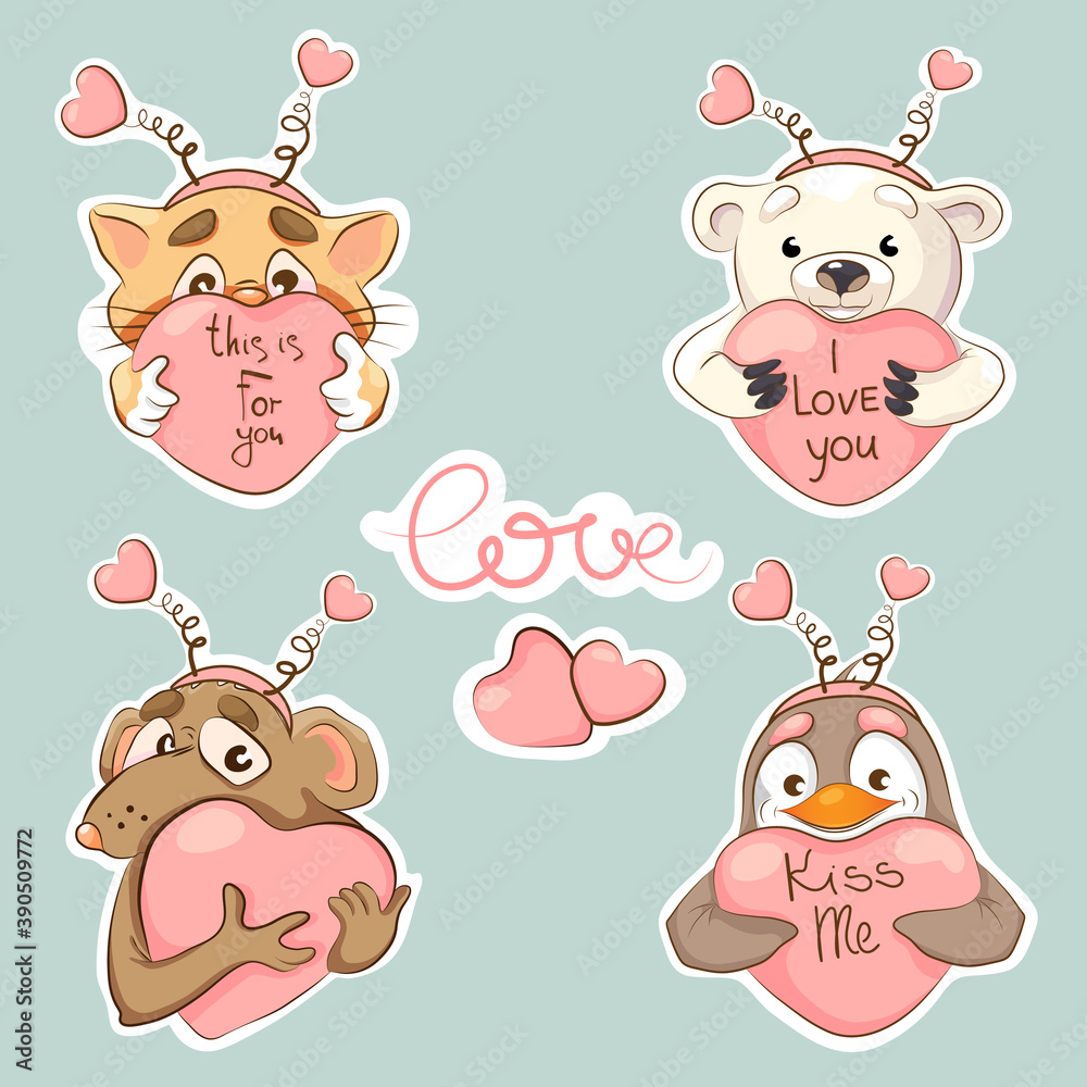 Obraz premium A set of stickers of cute animals: a cat, a polar bear, a rat, a penguin in funny headbands with hearts, holding a pink heart in their paws. 