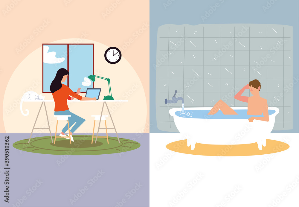 indoor activities, woman typing in laptop and man taking bath