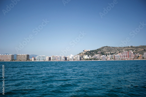 Panoramic view from the sea, of the holiday town of Cullera in Valencia, southern Spain.