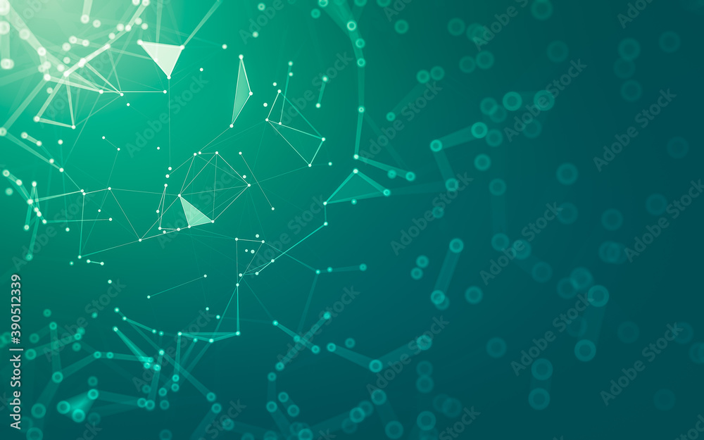 Abstract background. Molecules technology with polygonal shapes, connecting dots and lines. Connection structure. Big data visualization.