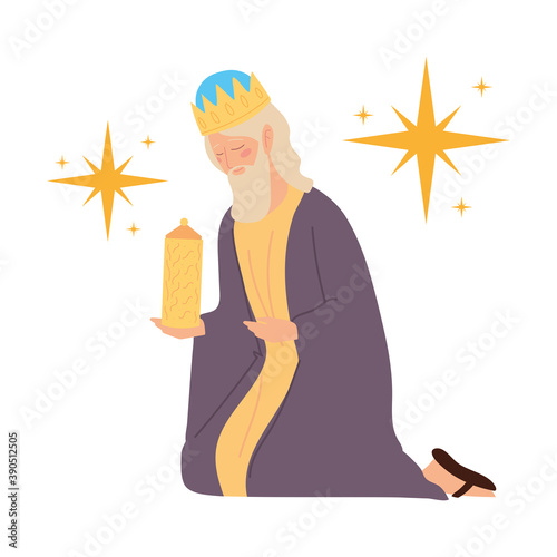 Valokuva nativity, manger caspar wise king with gift cartoon