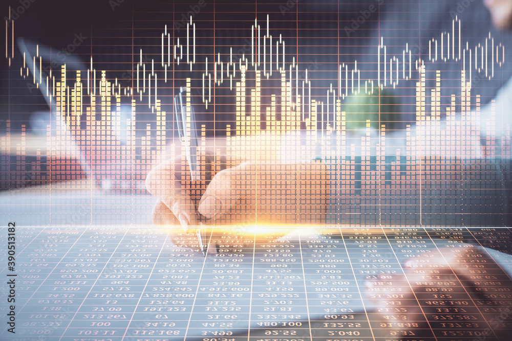 Double exposure of forex chart drawing over people taking notes background. Concept of financial analysis Double exposure of forex chart drawing over people taking notes background. Concept of financial analysis