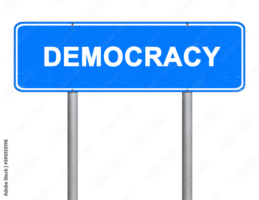Road sign. Location mark. The word democracy is written on a blue signboard. Object isolated on white. Illustration without reference Road sign. Location mark. The word democracy is written on a blue signboard. Object isolated on white. Illustration without reference