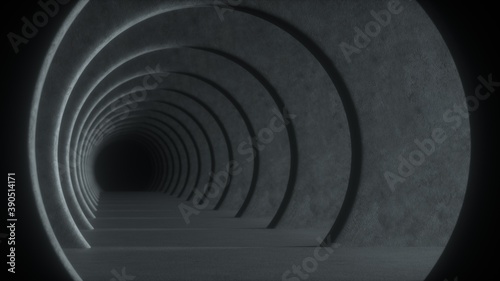 Gray concrete tunnel with dramatic light and dark at the end. Abstract background. Repeating pattern of flights. 3d rendering