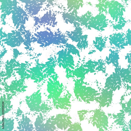 Seamless satin soft pastel color leaves pattern. High quality illustration. Beach or resort wear design of leaves in fuzzy turquoise and white. Repeat raster jpg pattern design.