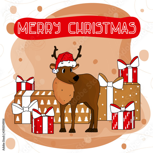 Merry Christmas text with Cute hand drawn cartoon deer in Santa Claus hat with red and golden gifts for holidays for greeting card