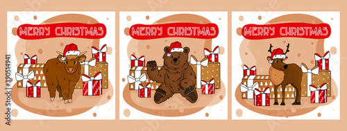 Set of Cute cards for Christmas and New 2021 Year of Cartoon ox, deer, bear with new year gifts, Santa hats and red Merry Christmas text