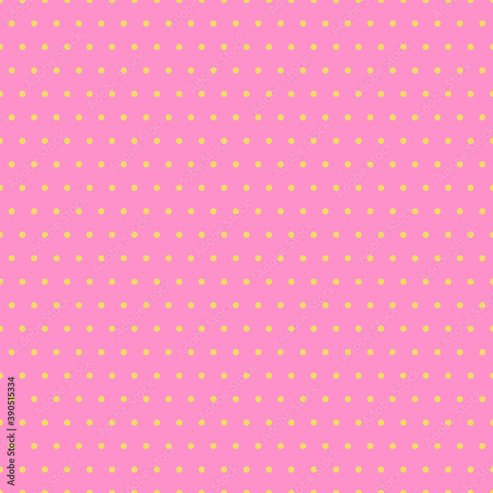 Yellow polka dot seamless pattern on pink background . Cute little circles vector pattern in cartoon style. Flat style.