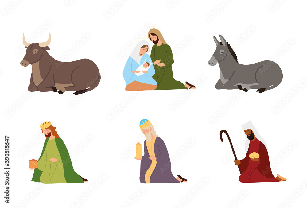 nativity, manger icons wise kings joseph mary baby and animals