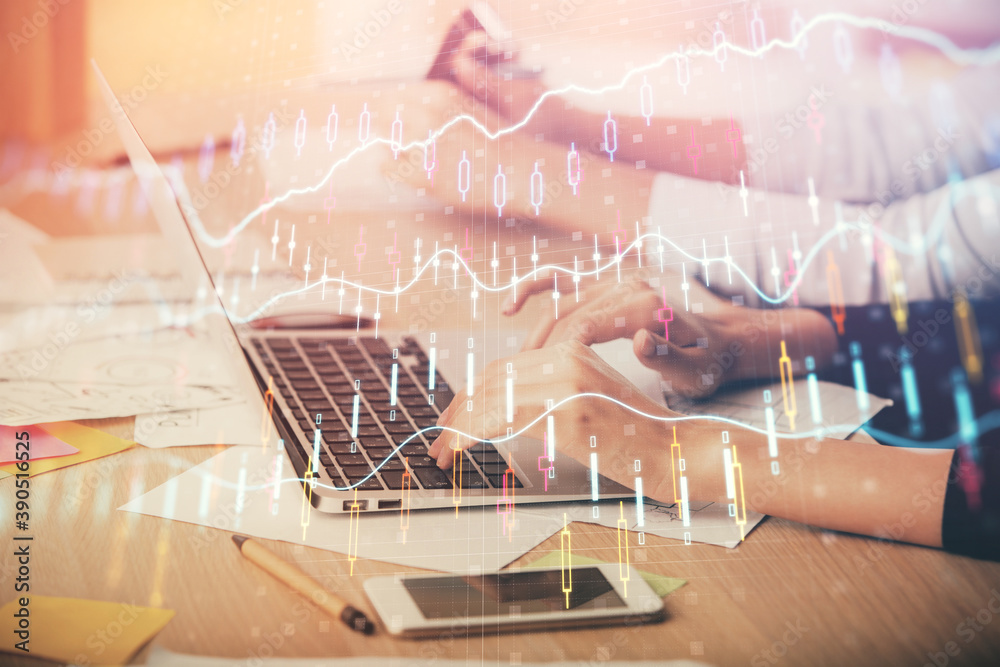 Multi exposure of woman hands typing on computer and financial chart hologram drawing. Stock market analysis concept. Multi exposure of woman hands typing on computer and financial chart hologram drawing. Stock market analysis concept.