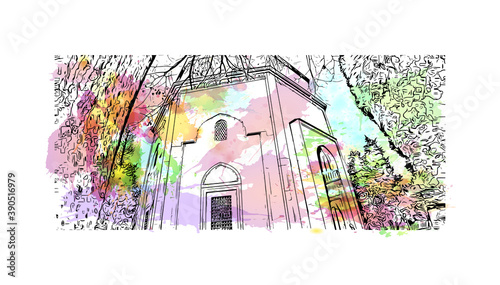 Building view with landmark of Bursa is a large city in northwest Turkey. Watercolor splash with hand drawn sketch illustration in vector.     